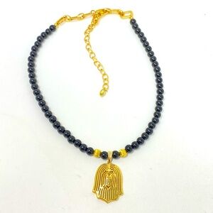 Havanese goldtone dog face necklace w/ black jasper 20.5” adjustable to 17.5”